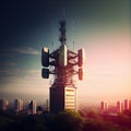 Telecommunication tower with 5G cellular network antenna on city background