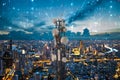 Telecommunication tower with 5G cellular network antenna on night city background, Digital big data concept Royalty Free Stock Photo