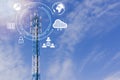 Telecommunication tower for 4 G and 5 G cellular. Wireless communication antenna base transciever station with radio antennas Royalty Free Stock Photo