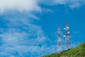 Telecommunication tower on mountain and green tree with blue sky. Antenna on blue sky. Radio and satellite pole. Communication Royalty Free Stock Photo