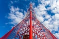 Telecommunication tower with panel antennas and radio antennas and satellite dishes for mobile communications 2G, 3G, 4G, 5G Royalty Free Stock Photo