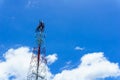 telecommunication tower for radio wave or mobile cellular with beautiful clear blue sky and little clouds. telecommunication. Royalty Free Stock Photo