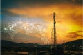 Telecommunication tower during sunset with HUD graphical internet worldwide connectivity of 3G, 4G and 5G network. Technology Royalty Free Stock Photo