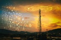 Telecommunication tower during sunset with HUD graphical internet worldwide connectivity of 3G, 4G and 5G network. Technology Royalty Free Stock Photo