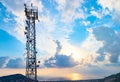 Telecommunication tower with TV antennas and satellite dishes against the cloudy sky, city and sunset Royalty Free Stock Photo