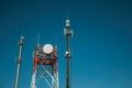 Telecommunication towers with antennas and blue sky