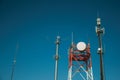 Telecommunication towers with antennas and blue sky