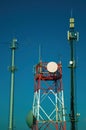 Telecommunication towers with antennas and blue sky