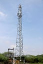 Telecommunication towers with TV antennas and satellite dish on clear blue sky Royalty Free Stock Photo