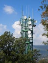 Telecommunications and broadcasting tower with parabolic dish an Royalty Free Stock Photo