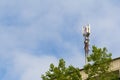 Telecommunications tower cells for mobile communications oh roof of building Royalty Free Stock Photo