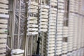 Telecommunications white patch modules are lining flat design panel racks with paired copper wiring Royalty Free Stock Photo