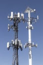 Telecommunications and wireless cell equipment tower with directional mobile phone antenna Royalty Free Stock Photo