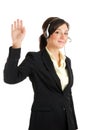 Telecommunications woman with her hand raised