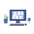 Telecommuting concept. Vector illustration of people having communication via telecommuting system. Concept for telework, video Royalty Free Stock Photo