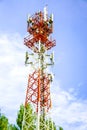 Telecoms tower with transmitter antenna on the bright blue sky background