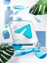 Telegram Icon Geometric Shapes with Glassmorphism Square Glass and Monstera Leaf 3D Render