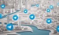 Telegram Icon Over Aerial View of City Buildings 3D Rendering