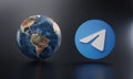 Telegram Logo Beside Earth 3D Rendering. Top Apps Concept Royalty Free Stock Photo
