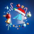 Telegram Logo Glass Square Christmas Ornament Dark Blue Background 3D Render