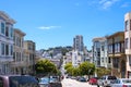 Telegraph Hill from Russian Hill and San Francisco bay with bridge, California, USA