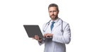 Telehealth doctor using laptop. Serious medical man in white coat. Telehealth care. Ehealth. Digital healthcare Royalty Free Stock Photo