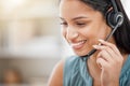 Telemarketing, discussion and happy business woman face in contact center, callcenter consultation or tech support. Help