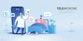 Telemedicine concept banner. Patient visiting doctor using online technology through smartphone app