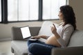 Telemedicine Concept. Pregnant Woman With Laptop Making Video Call To Doctor, Mockup Royalty Free Stock Photo