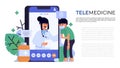 Telemedicine . Doctor consulting patient by video call via smartphone and copy space . Vector Royalty Free Stock Photo