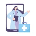 Telemedicine, female doctor clipboard and suitcase, smartphone remote consultation treatment and online healthcare