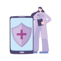Telemedicine, female doctor smartphone medical treatment and online healthcare services