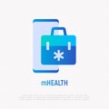 Telemedicine gradient flat icon: first-aid kit on screen of smartphone. Modern vector illustration of online medical consultant