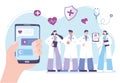 Telemedicine, hand with smartphone staff medical professional character consultation