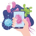 Telemedicine, hand with smartphone, virus spread medical treatment and online healthcare services