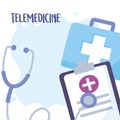 Telemedicine, kit medical stethoscope clipboard equipment treatment and online healthcare services
