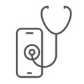 Telemedicine line icon, online therapy and telehealth sign, smartphone and stethoscope