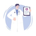 Telemedicine, male doctor with clipboard medical stethoscope character