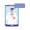 Telemedicine, male doctor smartphone chat remote consultation treatment and online healthcare services