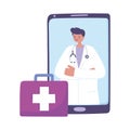 Telemedicine, male doctor suitcase, smartphone remote consultation treatment and online healthcare services