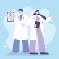 Telemedicine, male and female physicians wearing white coats and holding clipboards