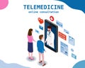 Telemedicine smartphone concept characters family doctor and patients wife and husband consultation diagnosis by