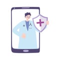 Telemedicine, smartphone male doctor medical shield medication