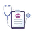 Telemedicine, stethoscope and clipboard report medical treatment and online healthcare services