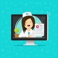 Telemedicine vector illustration, flat cartoon doctor character consulting online via computer, woman medic give