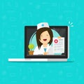 Telemedicine vector illustration, flat doctor character consulting online via laptop computer, woman medic give distance