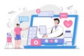Telemedicine, virtual healthcare, remote medical help concept. Doctor and patient during online video calls. Outline design style