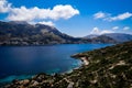 Telendos island in Greece surrounded by blue seascape against a sky with fluffy clouds