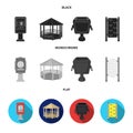 Telephone automatic, gazebo, garbage can, wall for children. Park set collection icons in black, flat, monochrome style