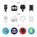 Telephone automatic, gazebo, garbage can, wall for children. Park set collection icons in black,flat,outline style